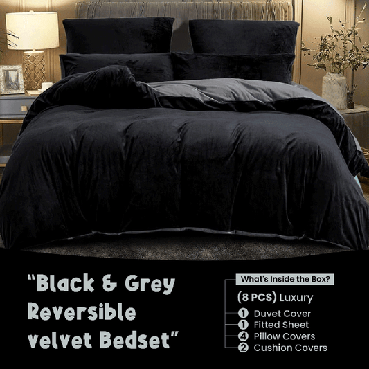 Black & Grey Velvet - Reversible Bed Set 8 Pcs (Luxury) - Windsorlino.com