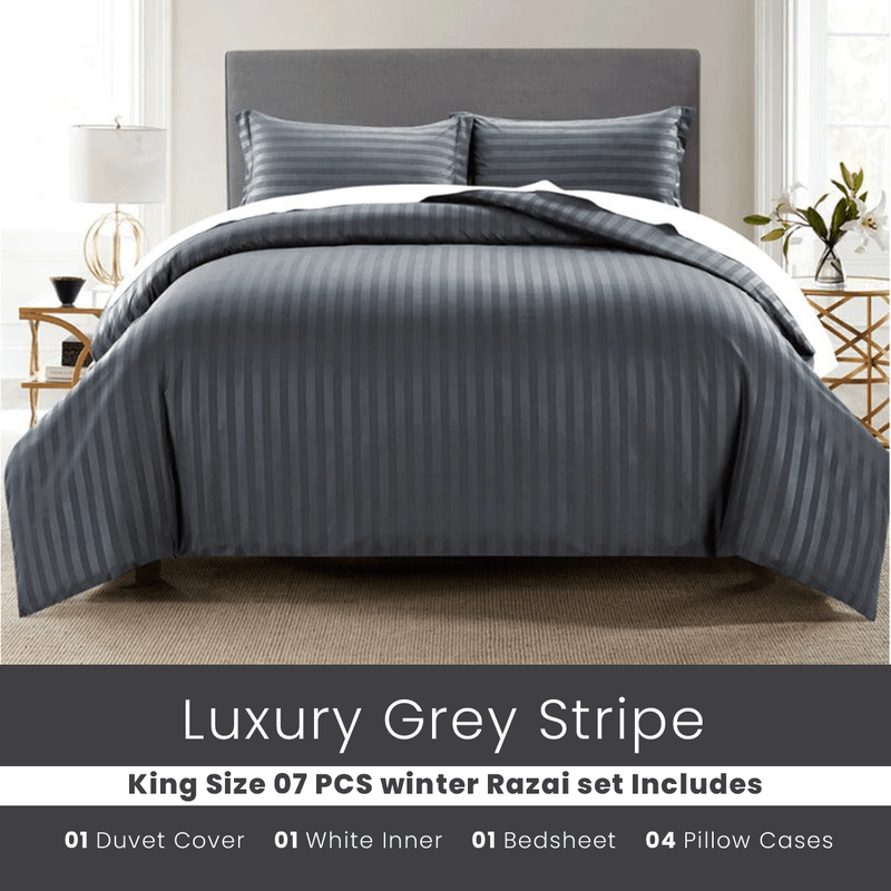 Grey Stripe - 7pcs Winter Razai/Quilt Set (Luxury) - Windsorlino.com