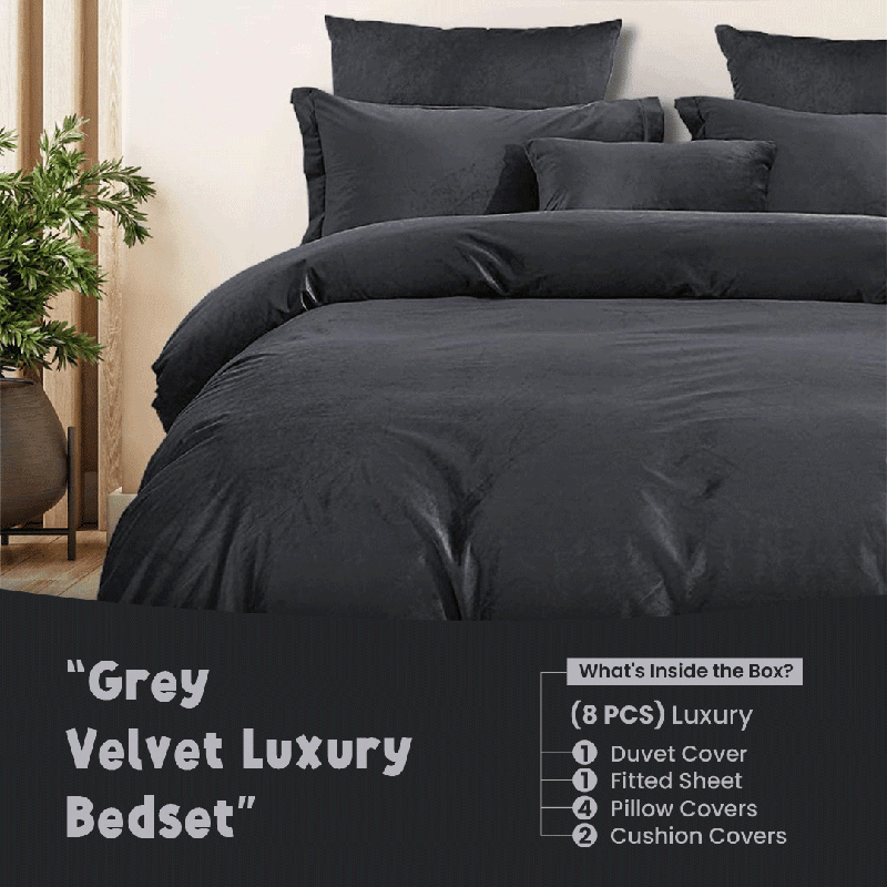 Grey Velvet - Bed Set 8 Pcs (Luxury) - Windsorlino.com