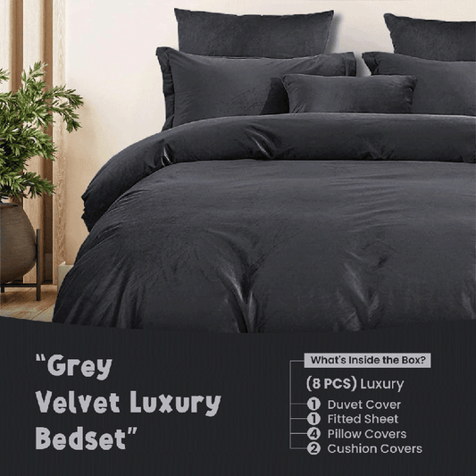 Grey Velvet - Bed Set 8 Pcs (Luxury) - Windsorlino.com