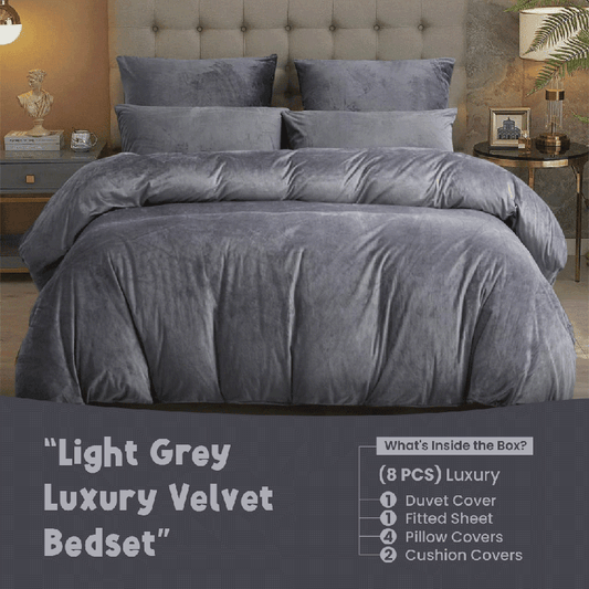 Light Grey Velvet - Bed Set 8 Pcs (Luxury) - Windsorlino.com