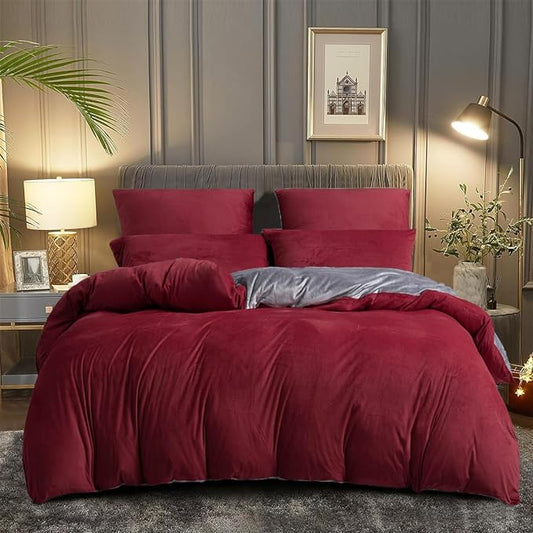 Maroon & Grey Velvet - Reversible Bed Set 8 Pcs (Luxury) - Windsorlino.com