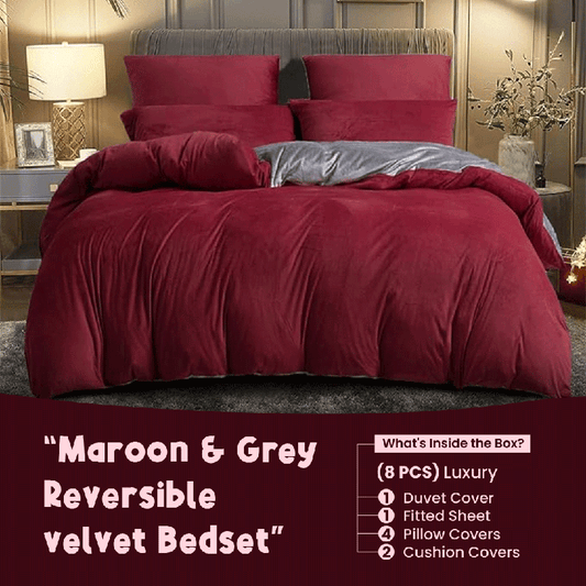 Maroon & Grey Velvet - Reversible Bed Set 8 Pcs (Luxury) - Windsorlino.com