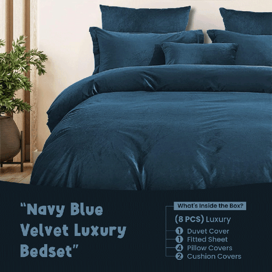 Navy Blue Velvet - Bed Set 8 Pcs (Luxury) - Windsorlino.com
