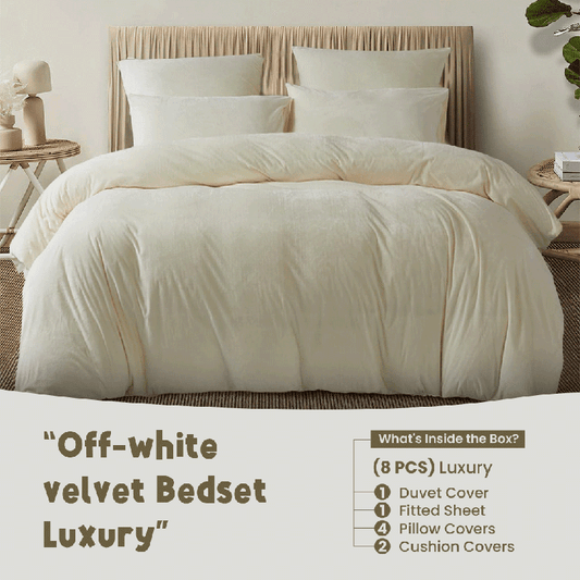 Off White Velvet - Bed Set 8 Pcs (Luxury) - Windsorlino.com