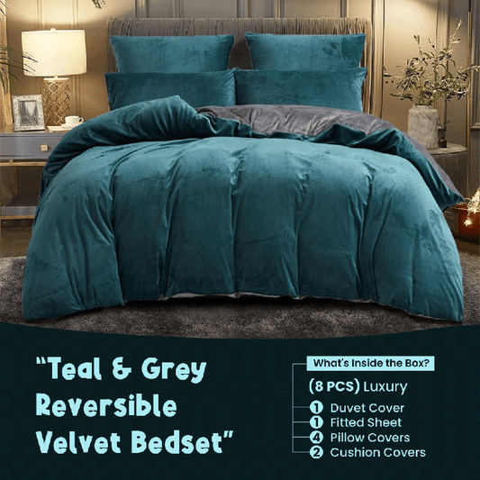Teal & Grey Velvet - Reversible Bed Set 8 Pcs (Luxury) - Windsorlino.com