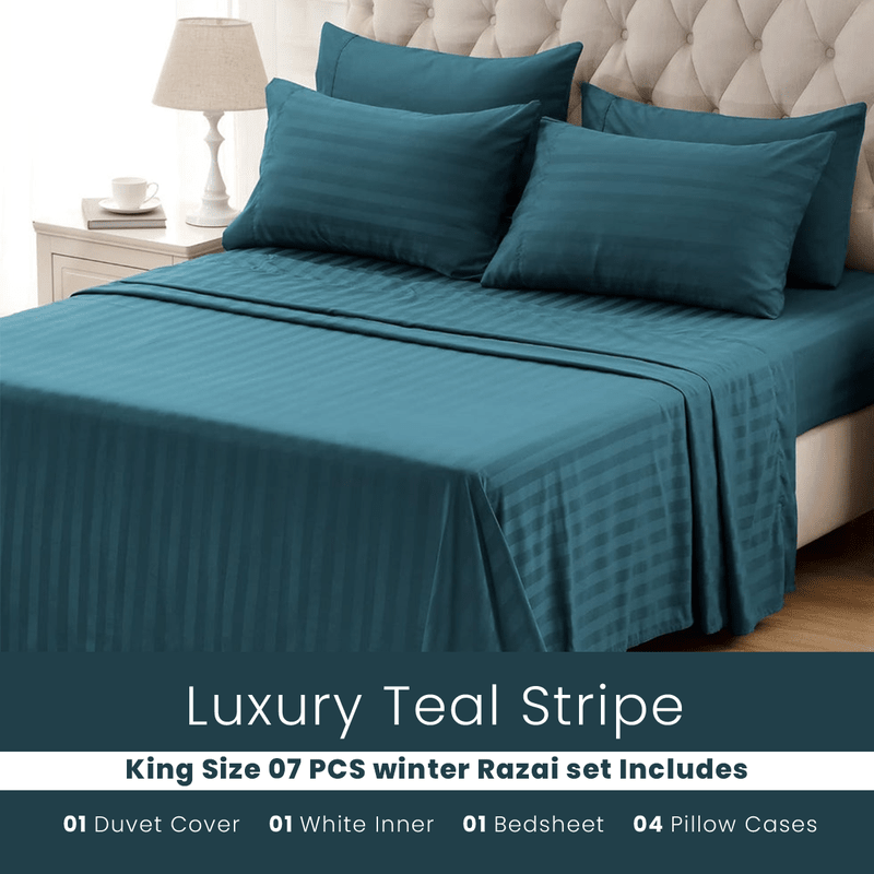 Teal Stripe - 7pcs Winter Razai/Quilt Set (Luxury) - Windsorlino.com