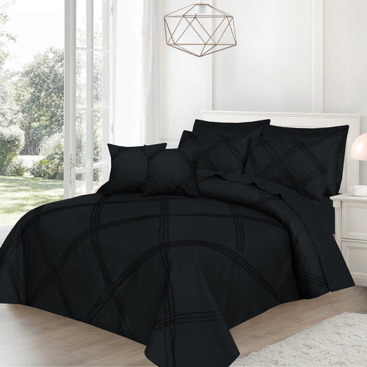 Three Row Cross Pleated Imperial Black - Bed Set (Luxury) - Windsorlino.com