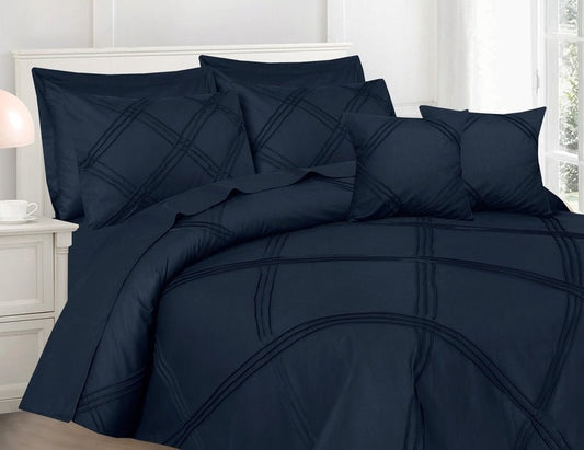 Three Row Cross Pleated Imperial Navy Blue - Bed Set (Luxury) - Windsorlino.com