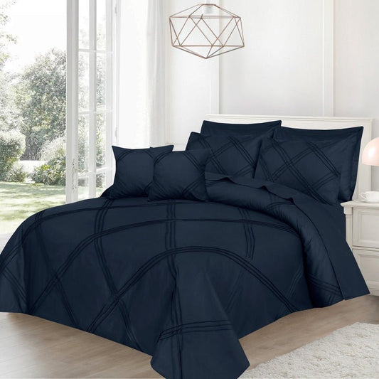 Three Row Cross Pleated Imperial Navy Blue - Bed Set (Luxury) - Windsorlino.com