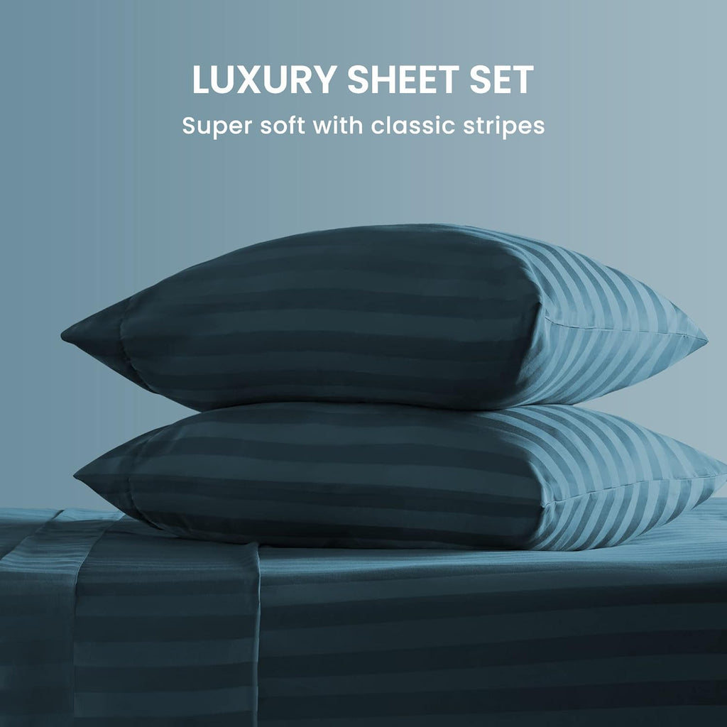 Teal Stripe Satin-Bed Sheet Set
