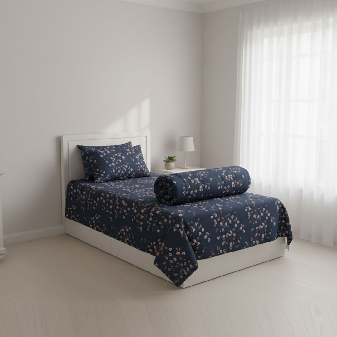 4pcs Single Winter Razai Set - Print Floral Navy (Heavy)
