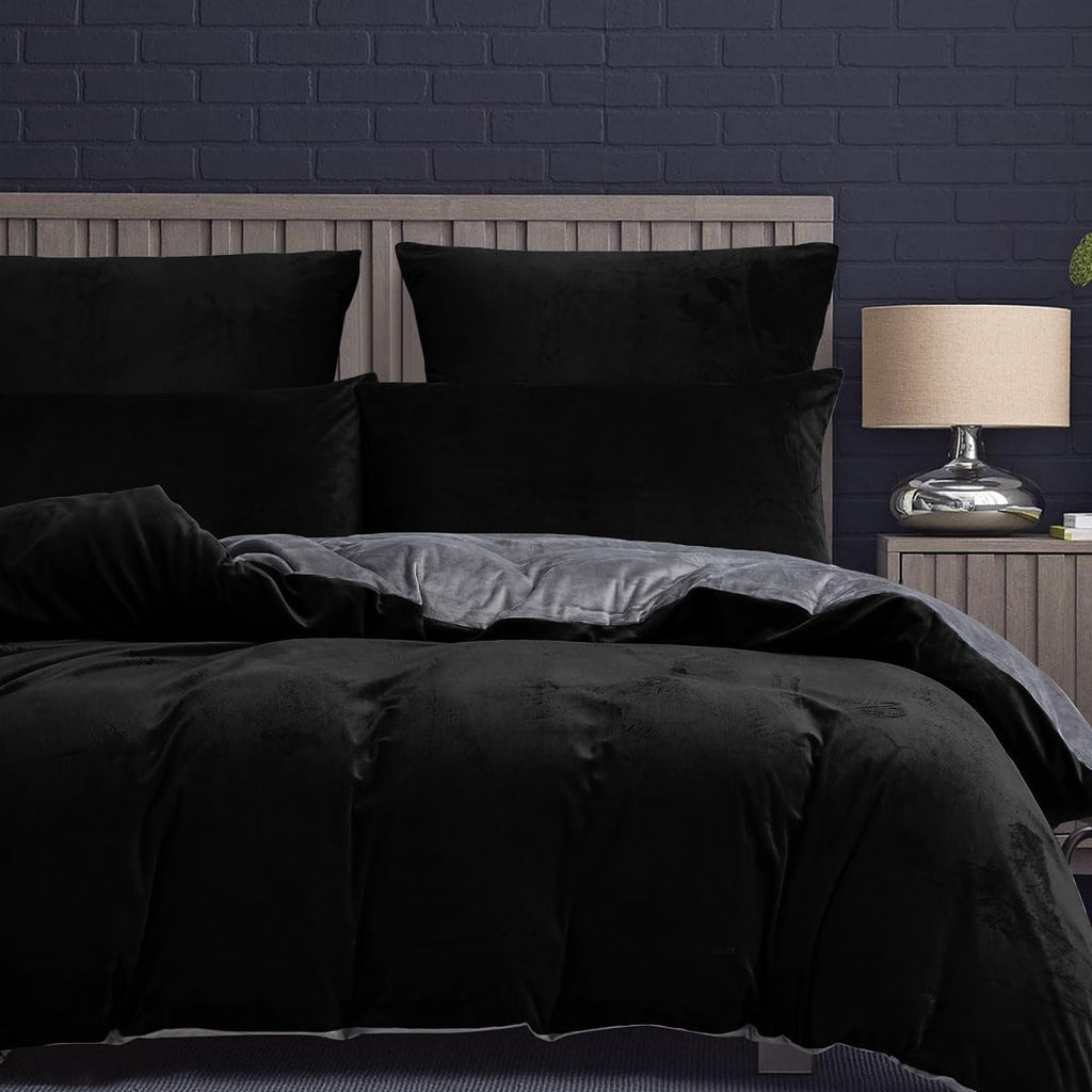 Black & Grey Velvet-Reversible Bed Set 8 Pcs (Luxury)