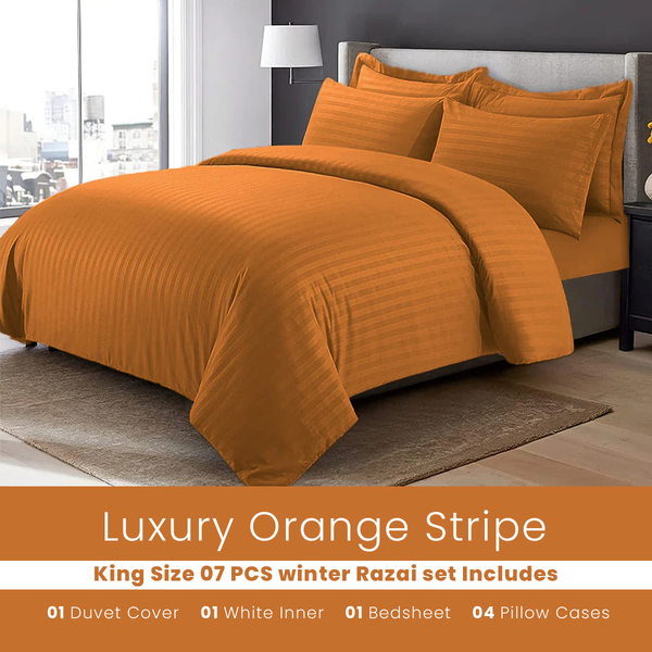 Burnt Orange Stripe - 7pcs Winter Razai/Quilt Set (Luxury)