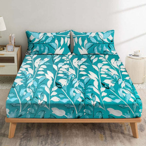 Teal Leaves - Fitted Sheet Set