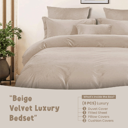 Beige Velvet - Bed Set 8 Pcs (Luxury) - Windsorlino.com