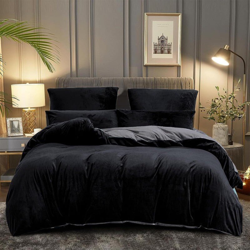 Black & Grey Velvet - Reversible 9pcs Winter Razai Set (Luxury) - Windsorlino.com