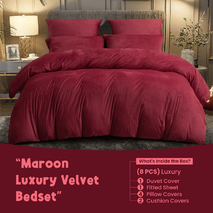 Maroon Velvet - Bed Set 8 Pcs (Luxury) - Windsorlino.com