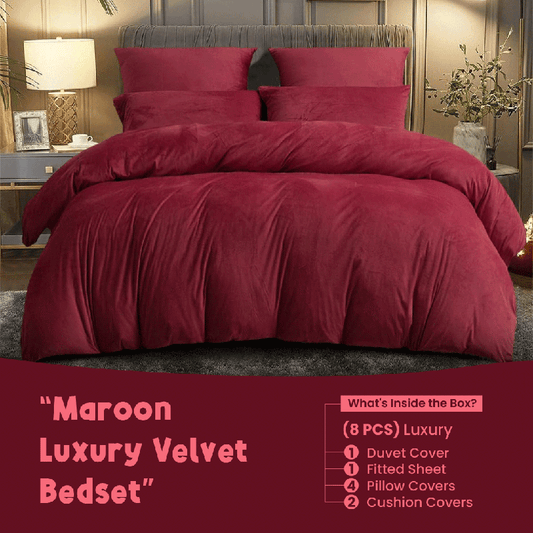Maroon Velvet - Bed Set 8 Pcs (Luxury) - Windsorlino.com