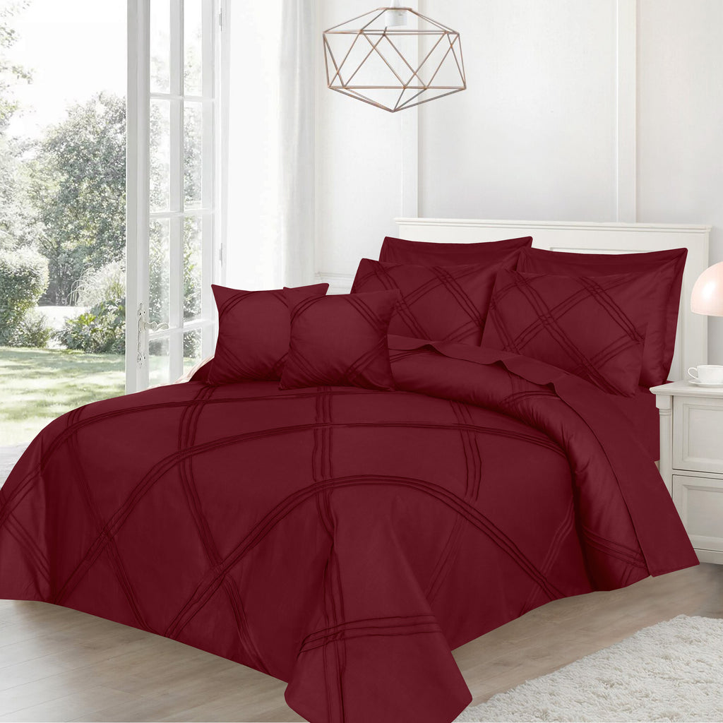 Three Row Cross Pleated Imperial Maroon-Bed Set (Luxury)