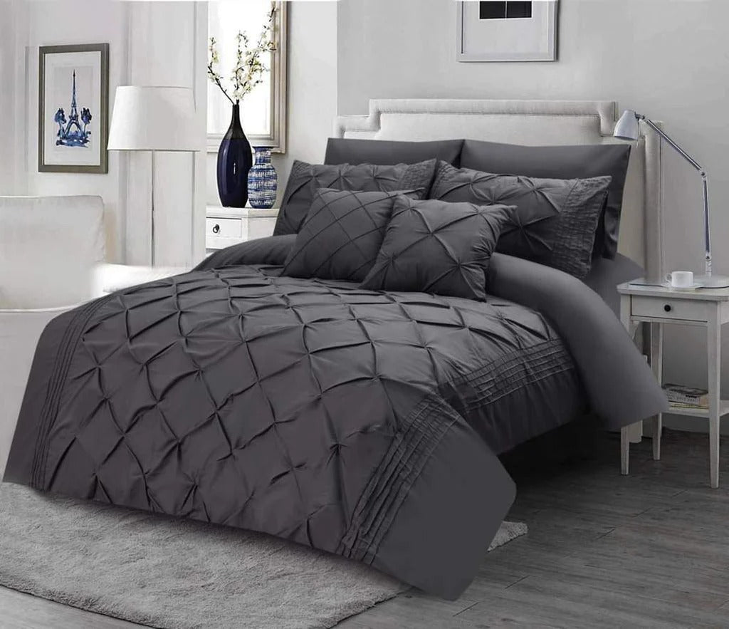 Pin Tuck Pleated Imperial Charcoal Grey-Bed Set 8 Pcs (Luxury)