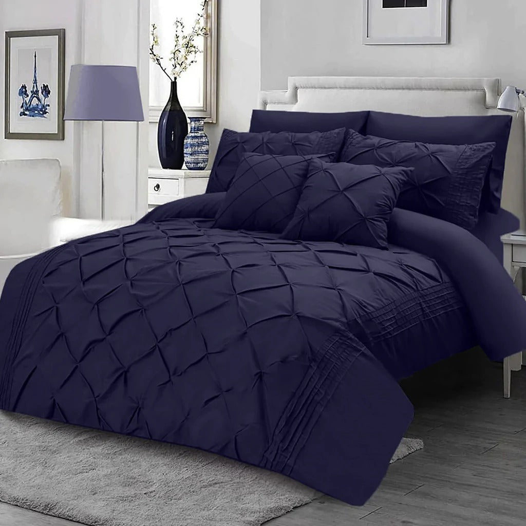 Pin Tuck Pleated Imperial Navy Blue-Bed Set 8 Pcs (Luxury)